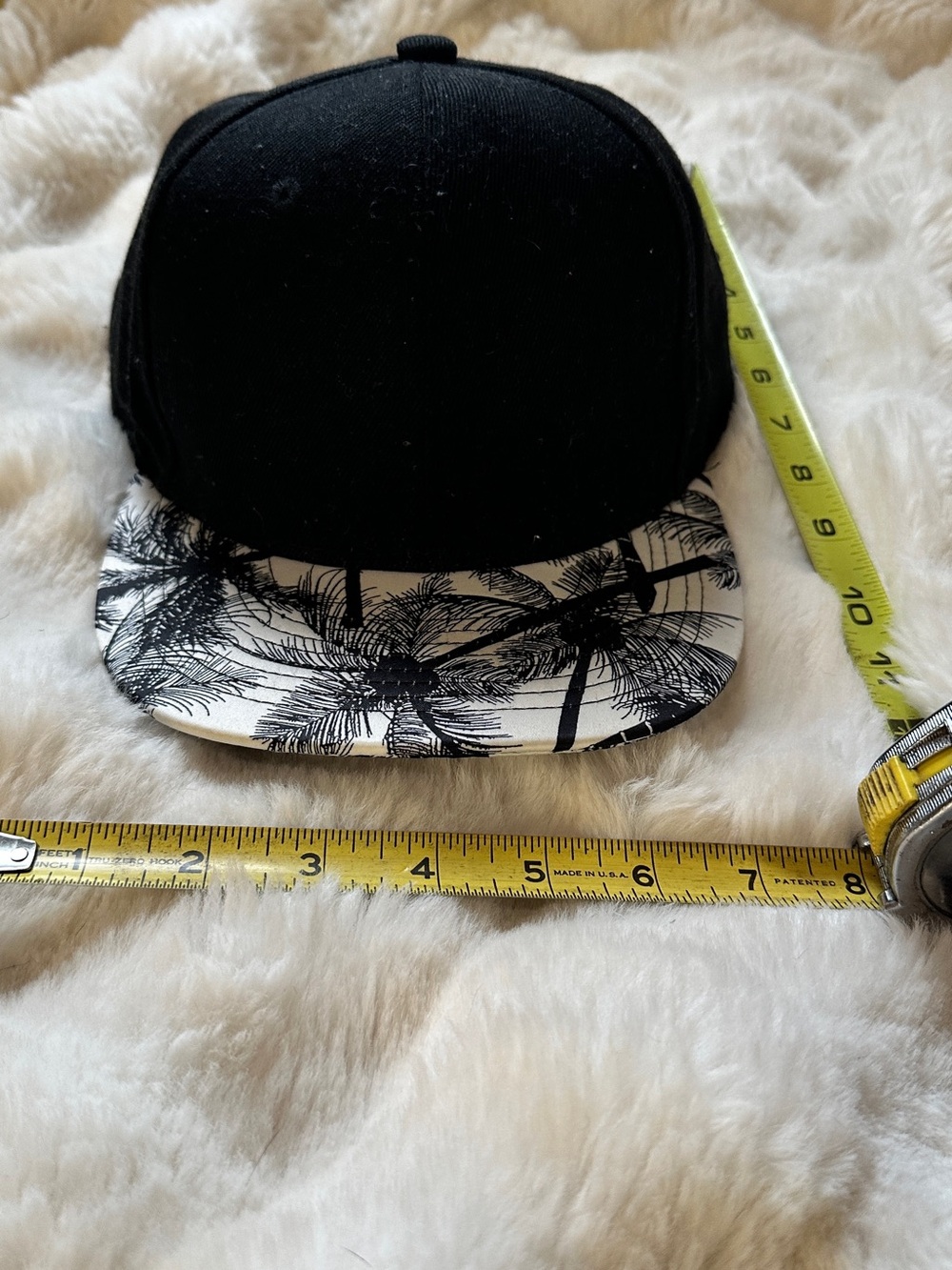 Black Snapback Hat with Black & White Palm-Print Brim